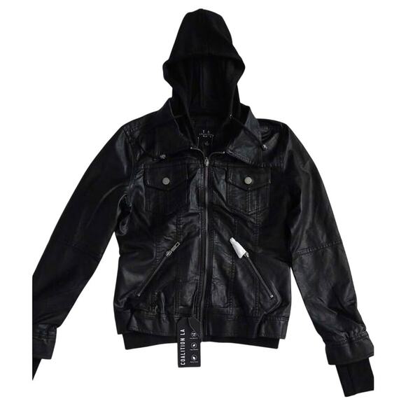 Coalition LA Vegen Lead Leather Hooded Jacket Black Faux Leather Zip Womens Smal - Picture 4 of 8